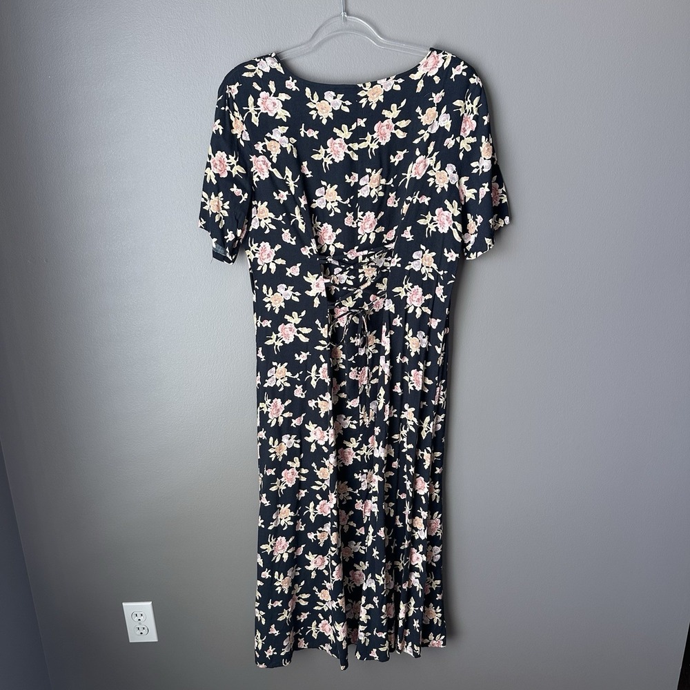 Vintage Ship N Shore Button Down Maxi Dress Womens 14 Black Floral Tie Back 90s - Picture 9 of 14